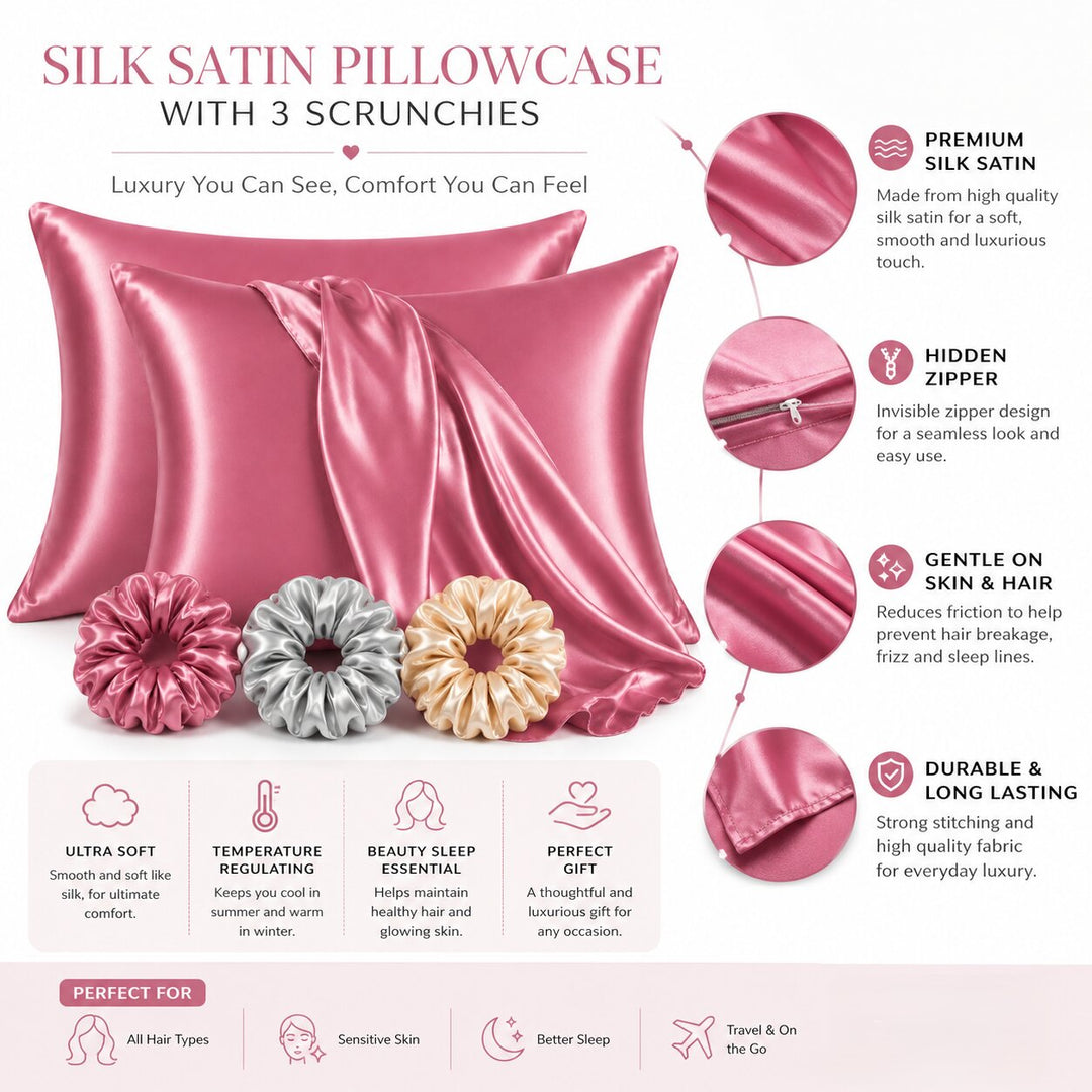 Radhu & Kabby Satin Pillow Covers with 3 Satin Scrunchies | Best for Hair, Skin & Beauty Sleep with Zipper Closure | Standard Size 72 x 48 cm