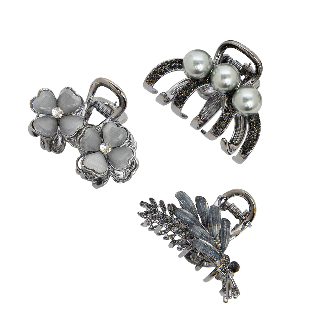 Elegant Silver Hair Clutcher Set for Women & Girls | Floral, Pearl & Leaf Design | Strong Grip & Stylish Metal Finish