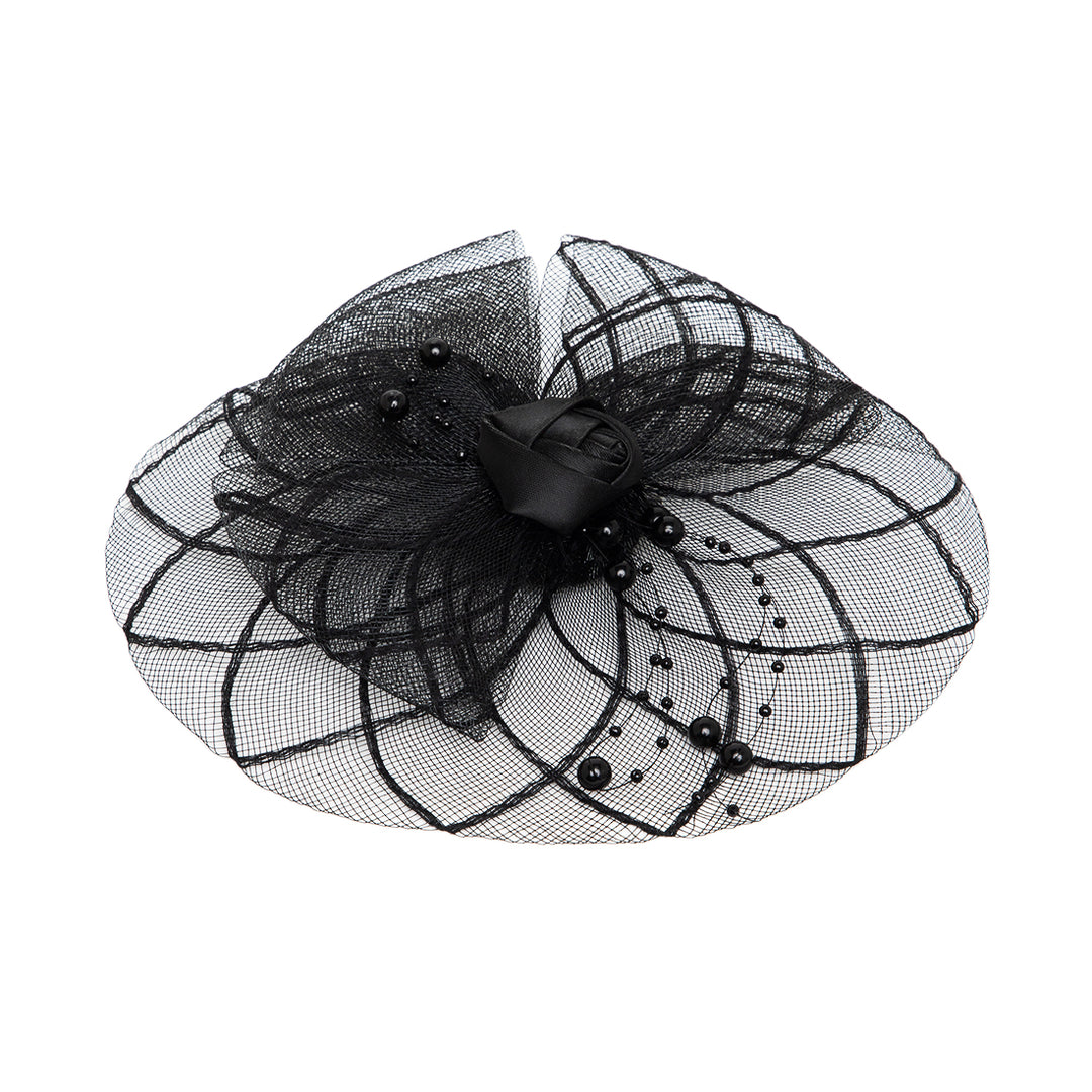 Radhu & Kabby Glam Black Fascinator Hat for Girls/Women | Floral Mesh & Pearl Detailing | Stylish Hairwear