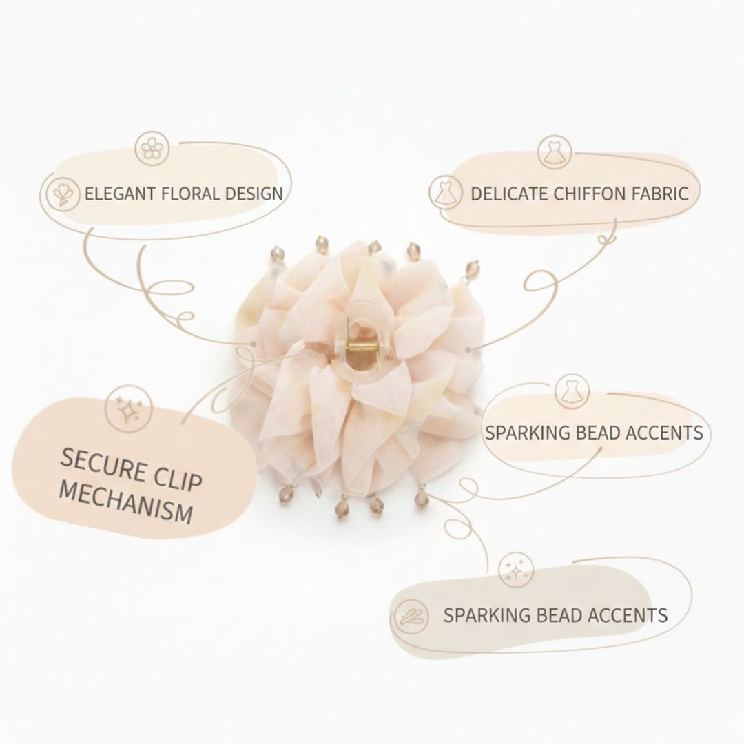 Radhu & Kabby Women’s Beige Ruffle Fabric Hair Claw Clip with Bead Tassel Detailing | Fashion Hair Accessory