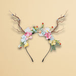 Load image into Gallery viewer, Radhu &amp; Kabby Christmas Floral Antler Headband | Fantasy Deer Horn Hairband with Flowers &amp; Leaves | Pack of 1 Soft, Lightweight Accessory