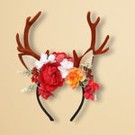 Load image into Gallery viewer, Radhu &amp; Kabby Floral Antler Headband | Reindeer Hairband with Red, White &amp; Orange Flowers | Perfect for Christmas, Parties, Photoshoots &amp; Cosplay
