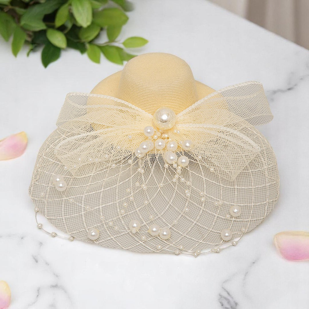 Radhu & Kabby Elegant Lemon Fascinator Hat | Pearl & Mesh Bow Hair Accessory for Girls/Women