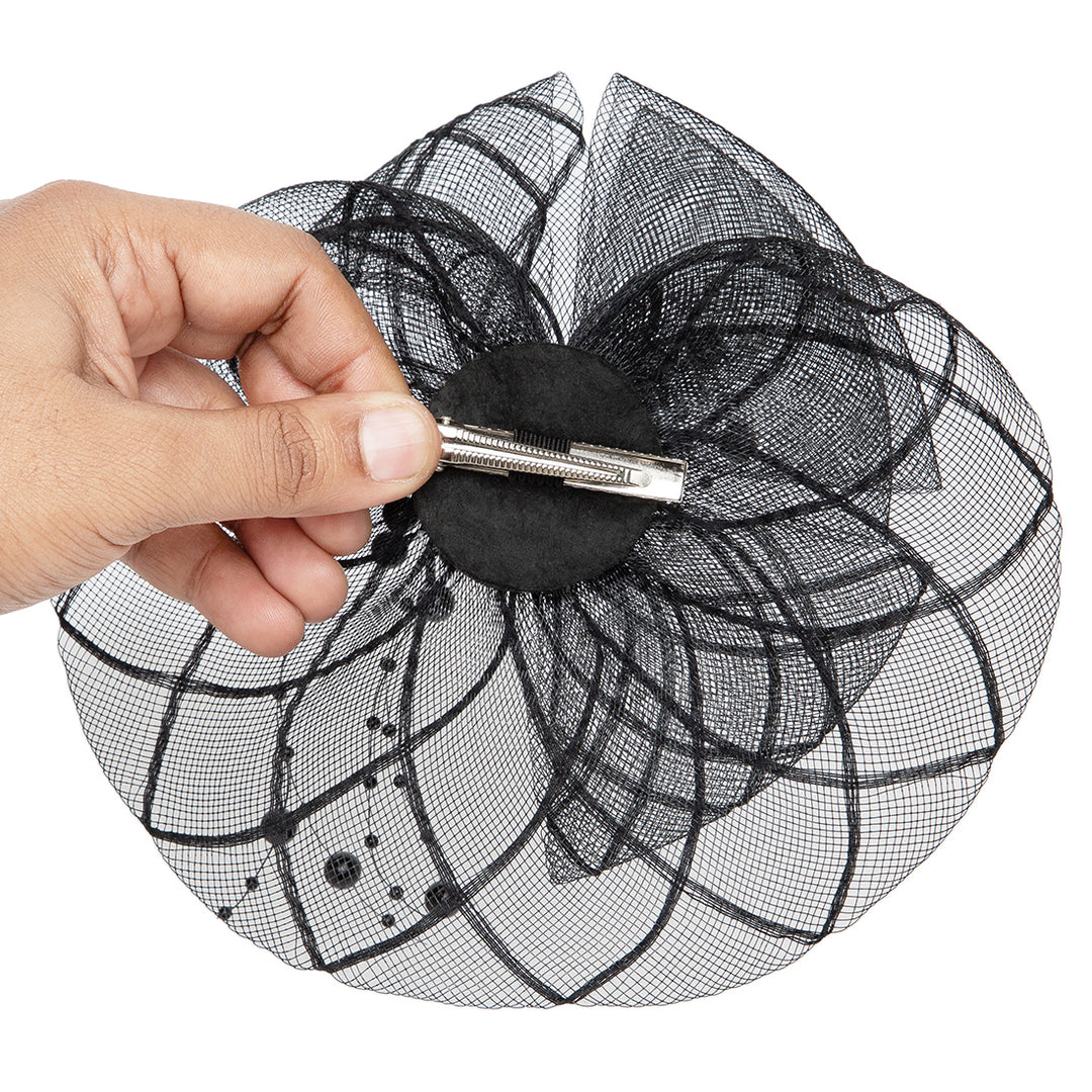Radhu & Kabby Glam Black Fascinator Hat for Girls/Women | Floral Mesh & Pearl Detailing | Stylish Hairwear