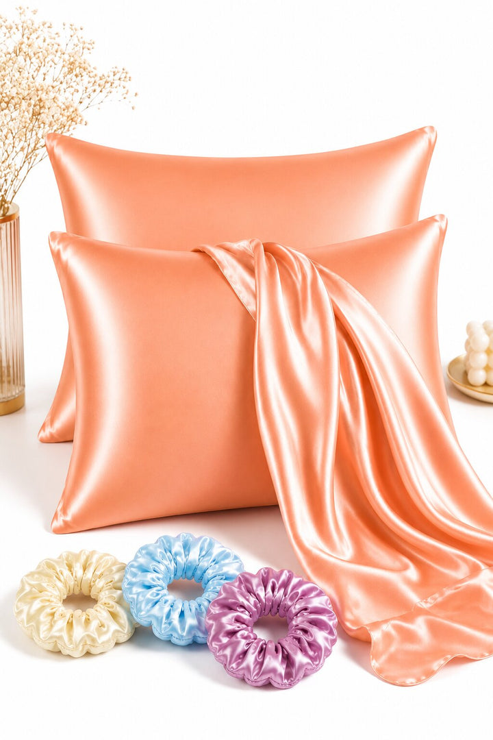 Radhu & Kabby Satin Pillowcases with 3 Satin Scrunchies | Gives Beauty Sleep with Hidden Zipper Closure | Standard Size 72 x 48 cm