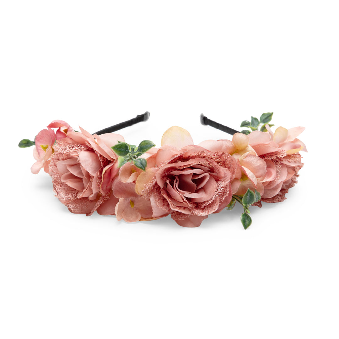 Radhu & Kabby Dusty Rose Floral Hair Tiara Headband for Girls/Women | Artificial Roses & Blossoms on Black Band | Set of 1 Elegant Accessory