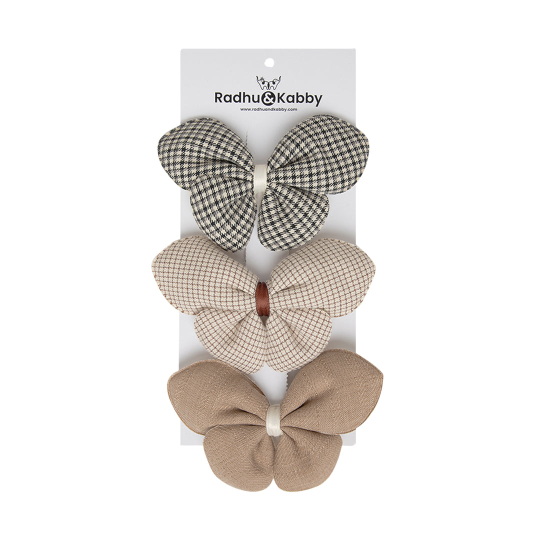 Radhu & Kabby Fabric Butterfly Hair Clips for Girls & Women | Set of 3 Elegant Neutral Soft Checkered Bows
