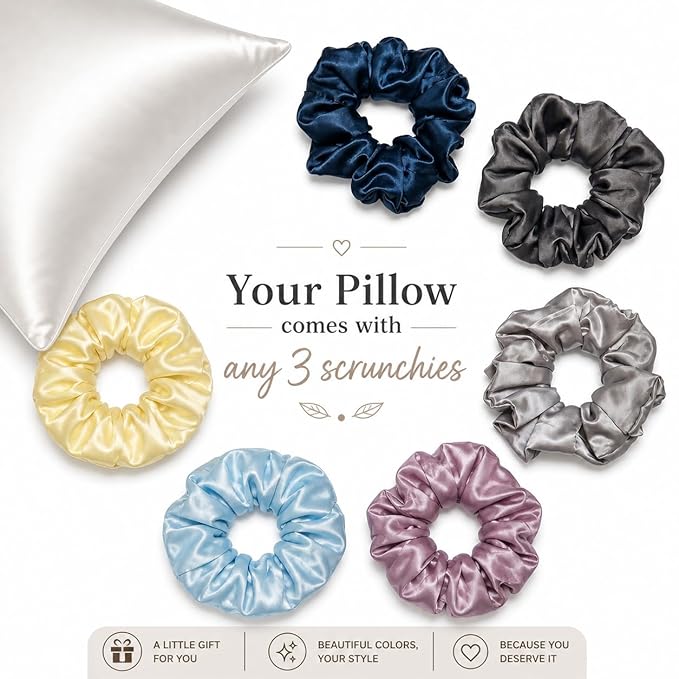 Radhu & Kabby Satin Pillow Covers with 3 Satin Scrunchies | Best for Hair, Skin & Beauty Sleep with Zipper Closure | Standard Size 72 x 48 cm