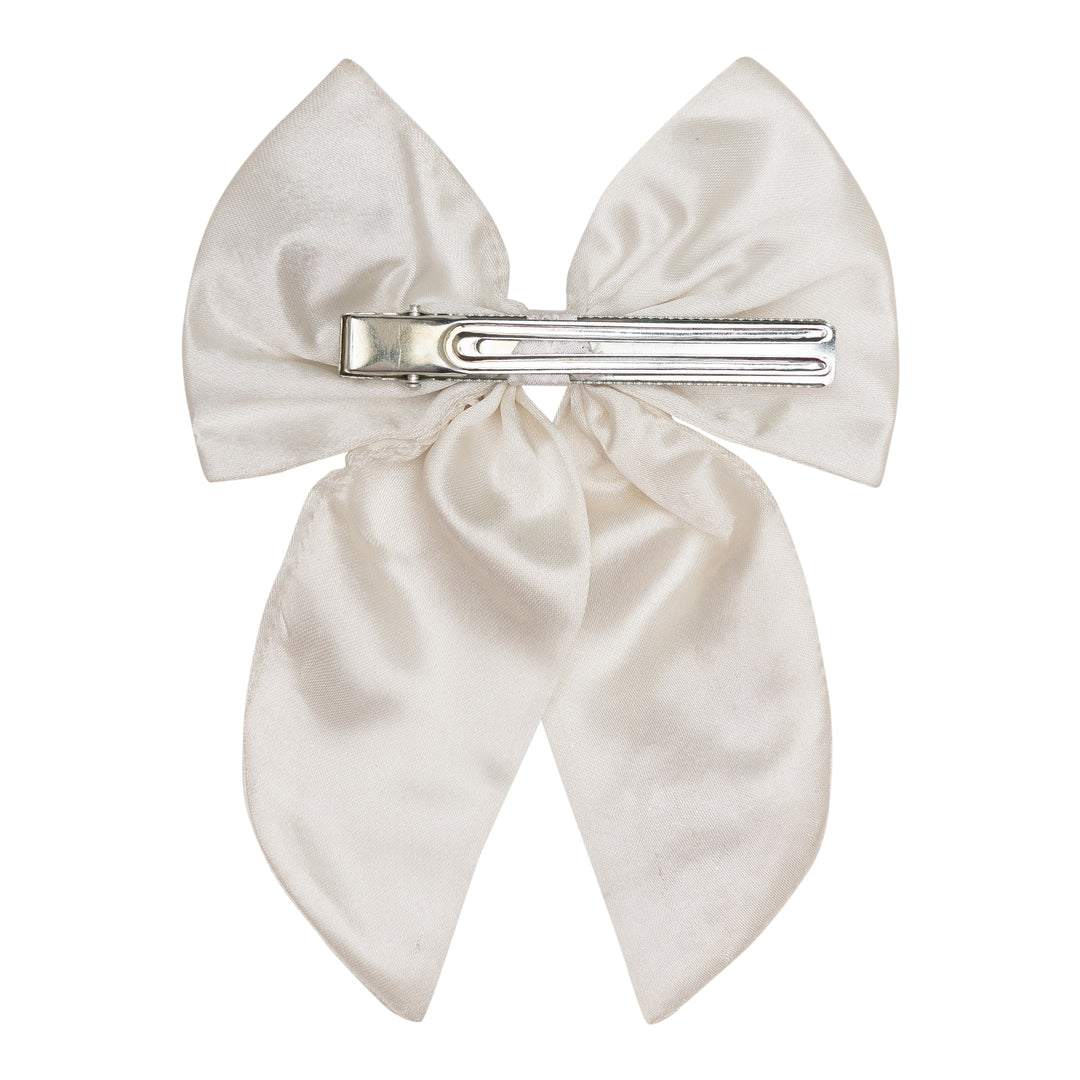 Radhu & Kabby Satin Hair Bows | Pack of 2 | Black & White Floral Embroidered Clips for Girls & Women