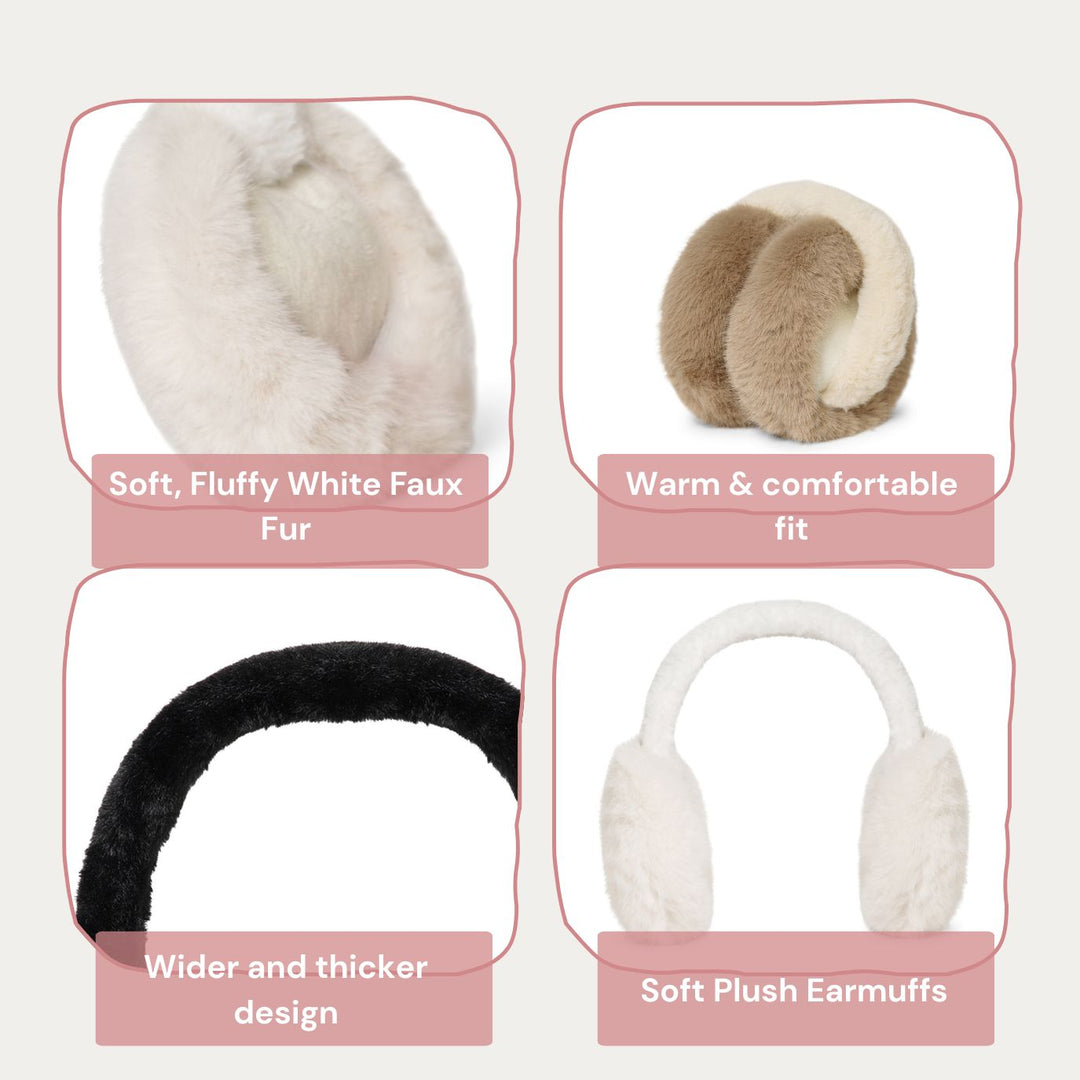 Radhu & Kabby Winter Plush Earmuffs Combo | Soft Black & Beige Faux Fur Ear Warmers | Pack of 2