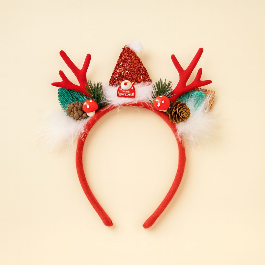 Radhu & Kabby Christmas Reindeer Headband | Festive Antlers with Santa Hat, Pinecones & Glitter Decor | Soft, Lightweight & Comfortable Hairband
