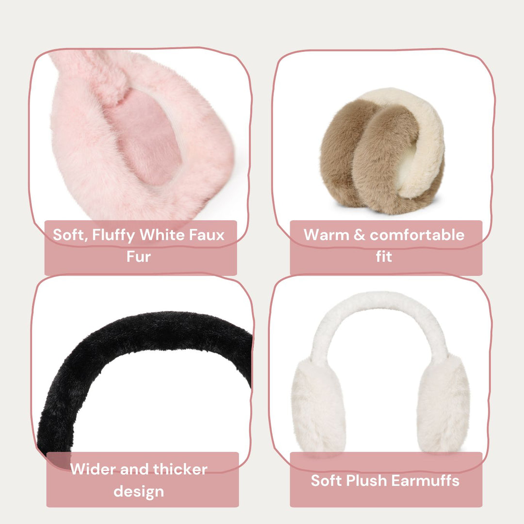 Radhu & Kabby Cozy Plush Earmuffs Set | White & Pink Soft Faux Fur Ear Warmers | Pack of 2