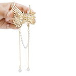 Load image into Gallery viewer, Butterfly Hair Clutcher with Pearl Chain and White Coloured Stones - Golden Finish
