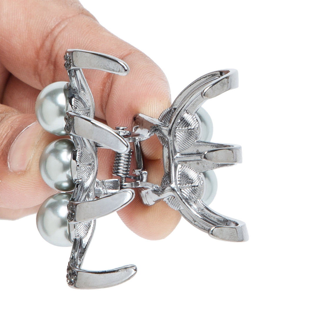 Elegant Silver Hair Clutcher Set for Women & Girls | Floral, Pearl & Leaf Design | Strong Grip & Stylish Metal Finish