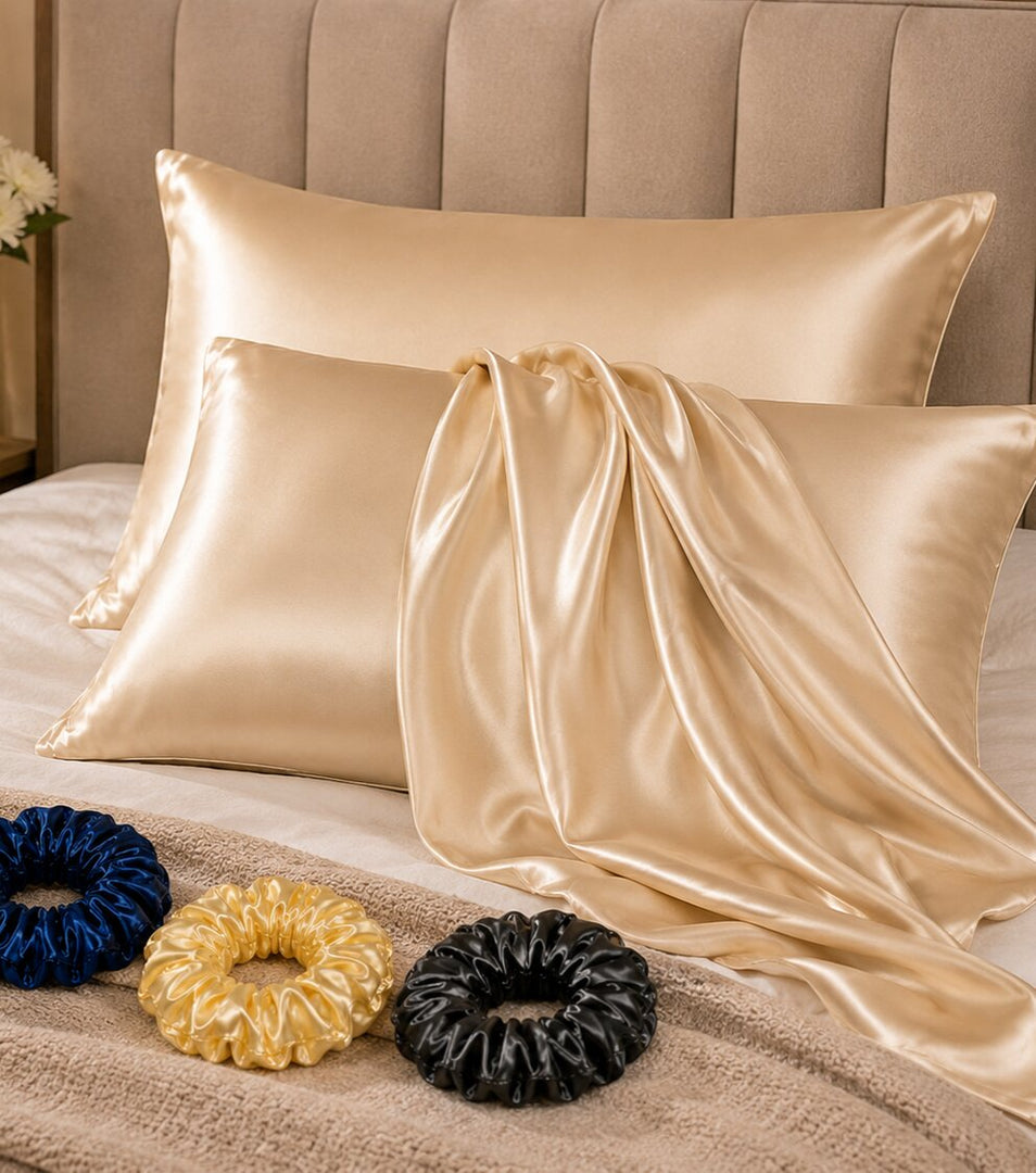 Radhu & Kabby Satin Pillow Covers with 3 Satin Scrunchies | Best for Hair, Skin & Beauty Sleep with Zipper Closure | Standard Size 72 x 48 cm
