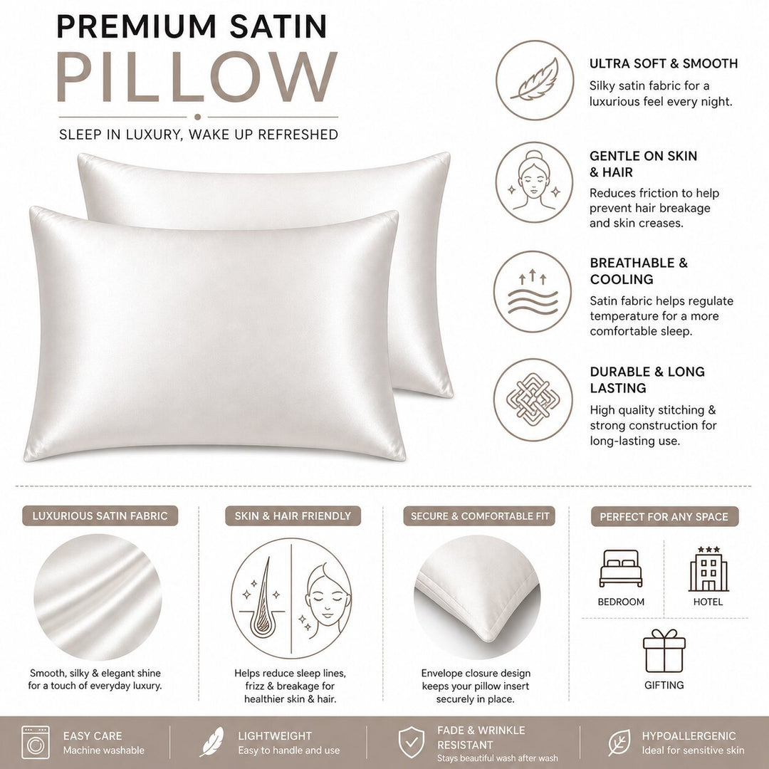 Radhu & Kabby Satin Pillow Covers with 3 Satin Scrunchies | Cool & Breathable Fabric with Zipper Closure | Standard Size 72 x 48 cm
