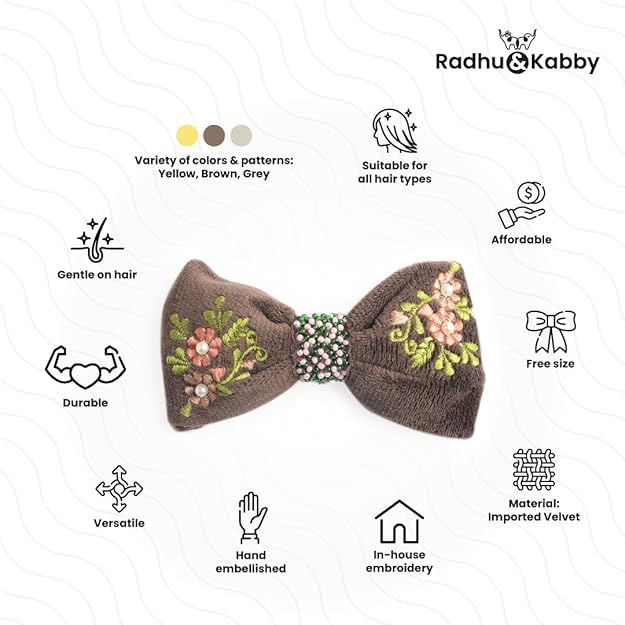 Radhu & Kabby Velvet Hair Bow Clips | Pack of 3 Yellow, Brown & Grey | Suitable for All Hair Types