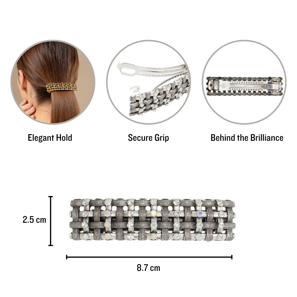 Elegant Metal Barrette Hair Clip - Silver Tone with Rhinestone Details 1 Piece
