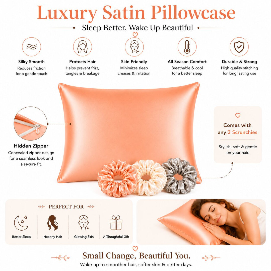 Radhu & Kabby Satin Pillowcases with 3 Satin Scrunchies | Gives Beauty Sleep with Hidden Zipper Closure | Standard Size 72 x 48 cm