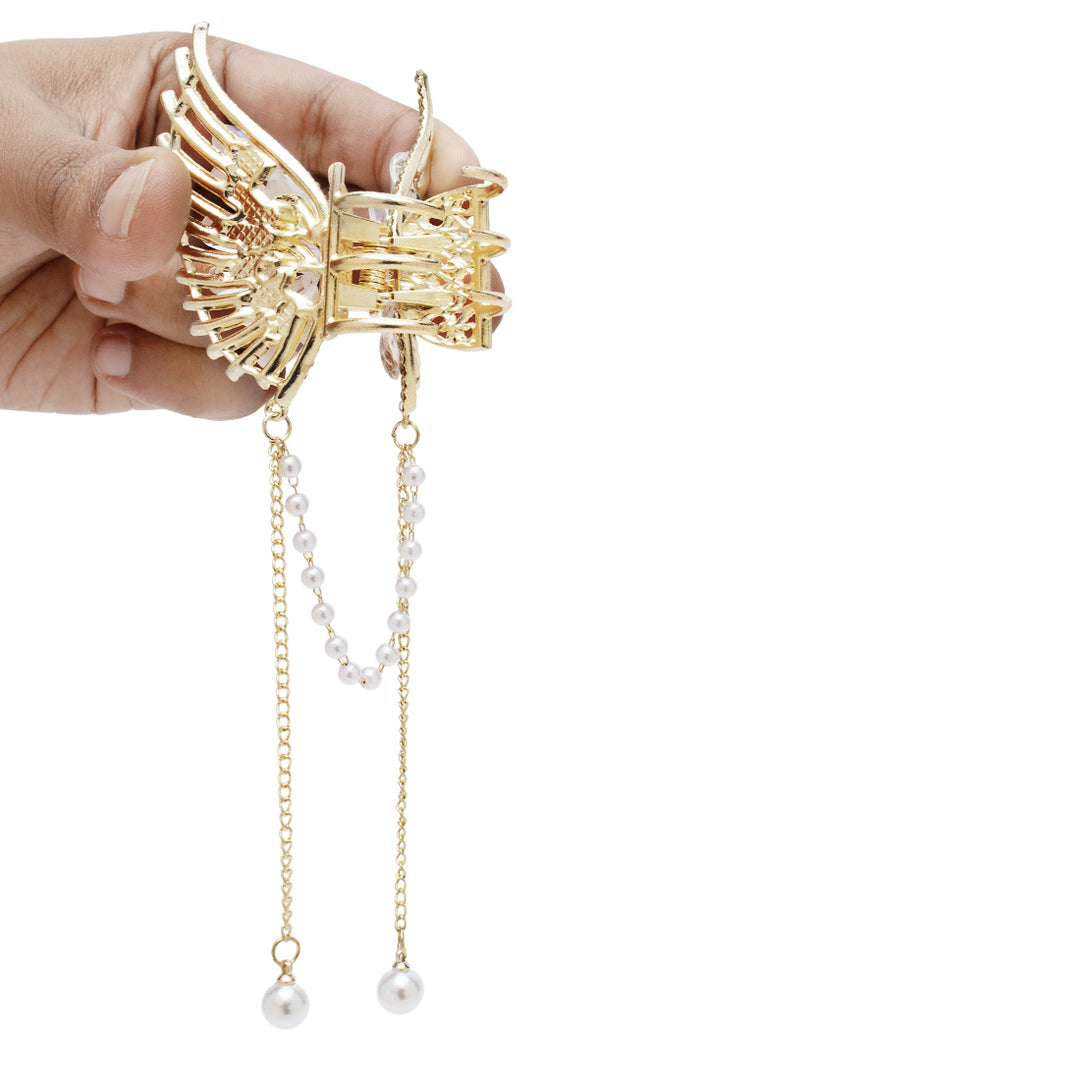 Butterfly Hair Clutcher with Pearl Chain and White Coloured Stones - Golden Finish