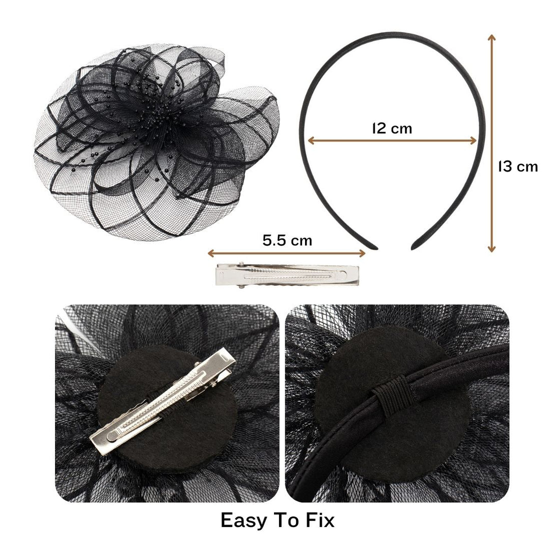 Radhu & Kabby Fascinator Hat for Girls/Women | Set of 1 Black Hat with Pearl Design | Includes Alligator Clip & Headband