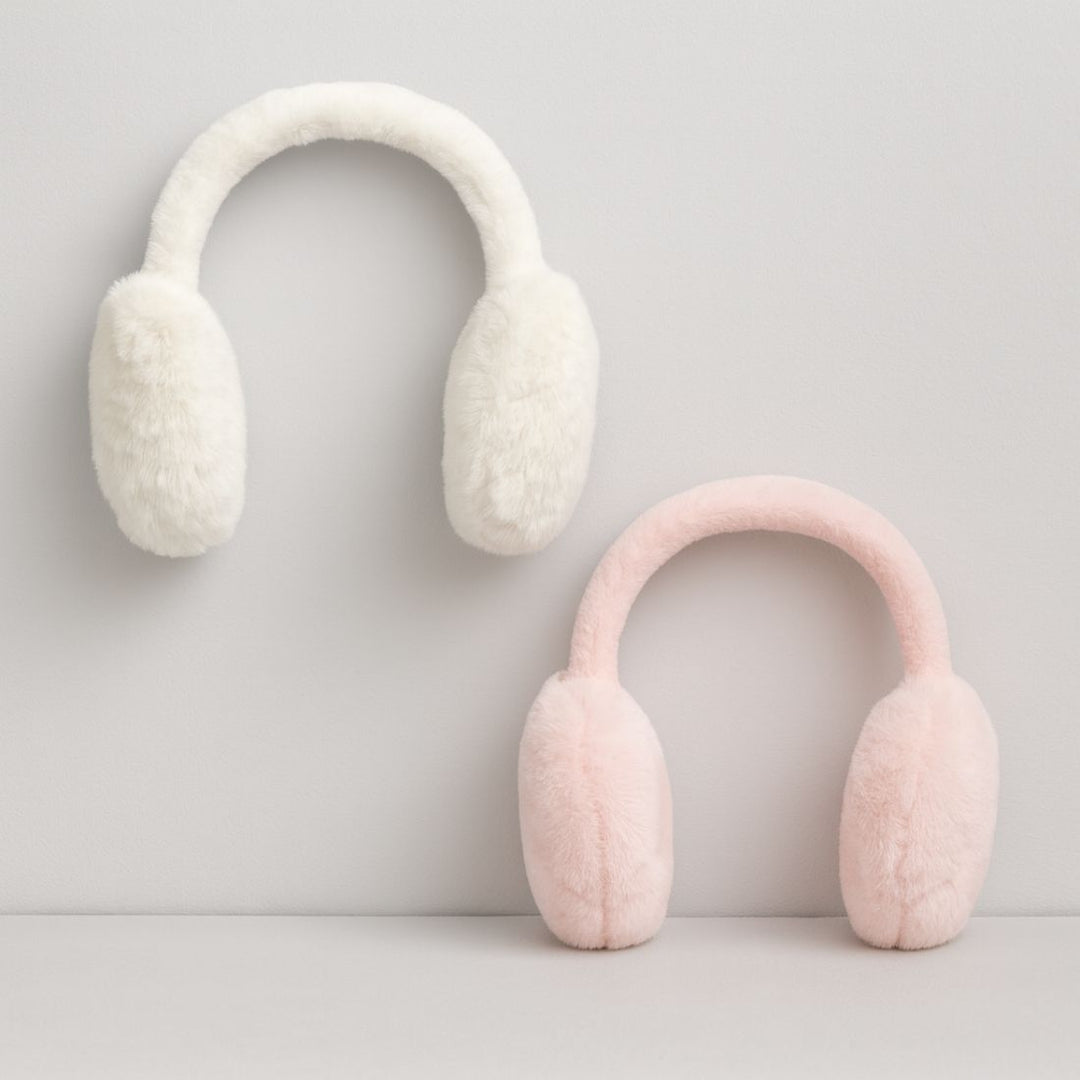 Radhu & Kabby Cozy Plush Earmuffs Set | White & Pink Soft Faux Fur Ear Warmers | Pack of 2