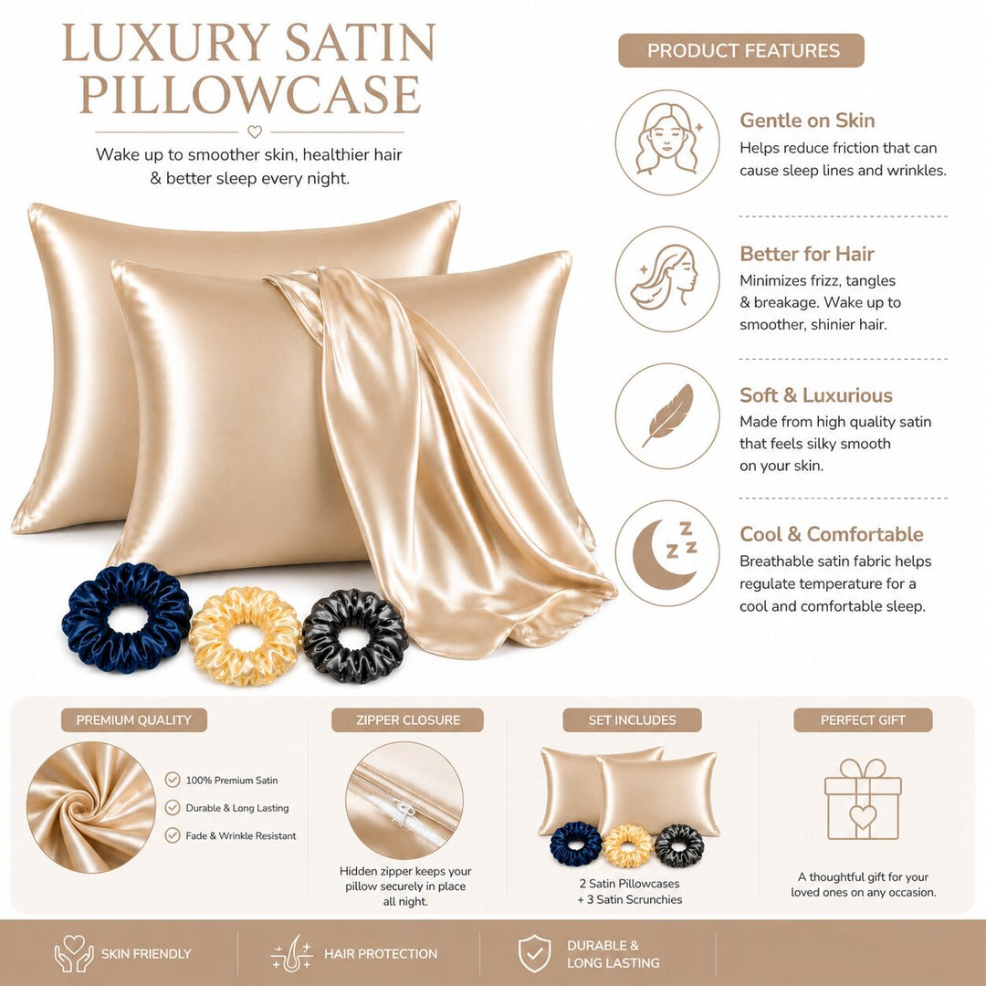 Radhu & Kabby Satin Pillow Covers with 3 Satin Scrunchies | Best for Hair, Skin & Beauty Sleep with Zipper Closure | Standard Size 72 x 48 cm