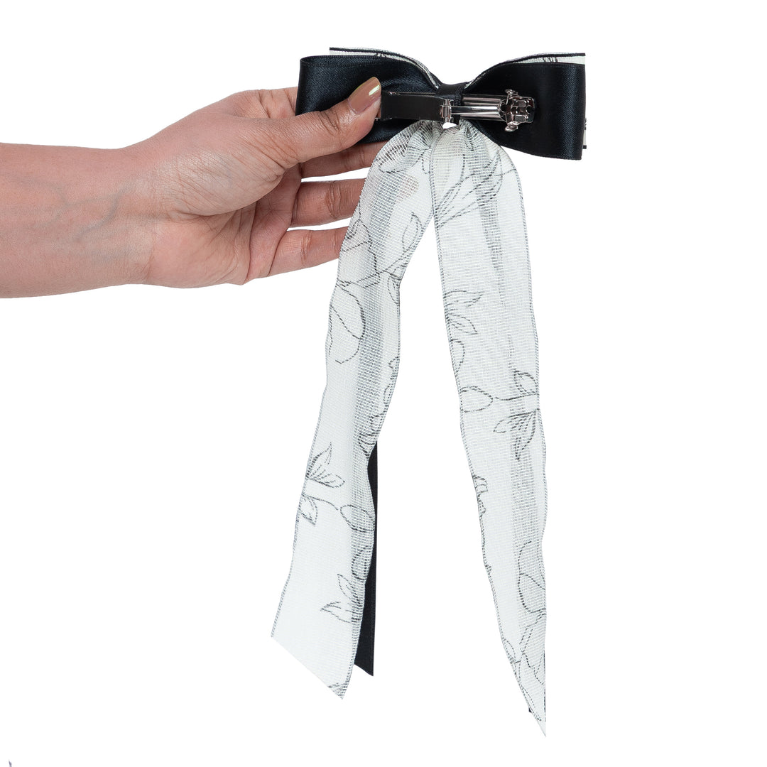 Elegant Black & White Hair Bows – Floral Print Ribbon Clips for Girls & Women