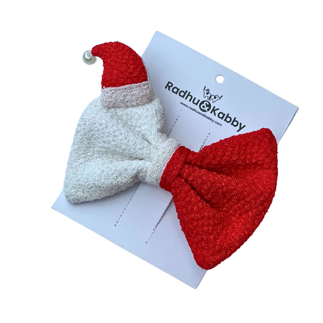 Santa Hat Style Hair Bow Xmas Accessory for Girls & Women - Red & White Design 1 Pcs