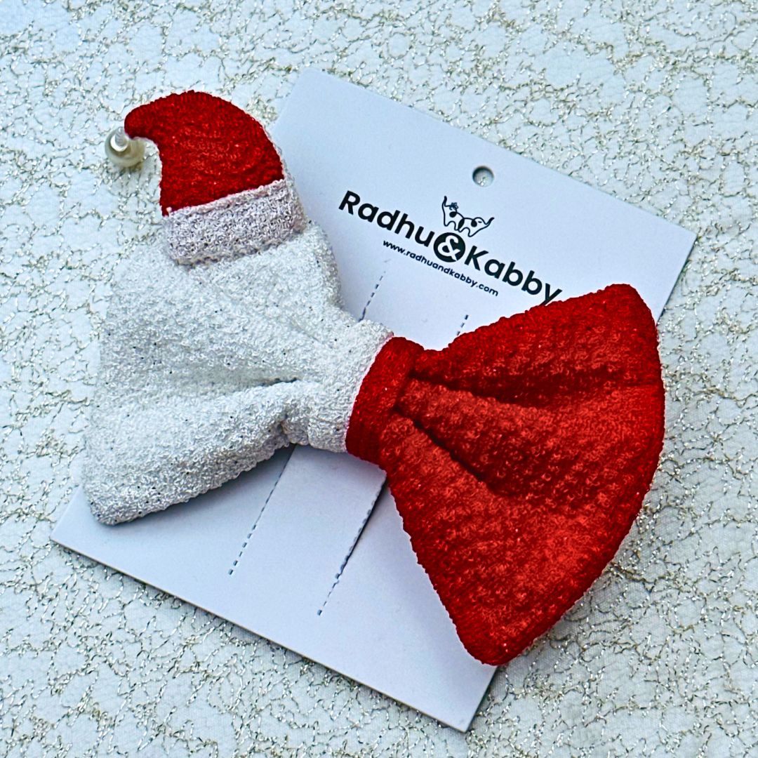 Santa Hat Style Hair Bow Xmas Accessory for Girls & Women - Red & White Design 1 Pcs