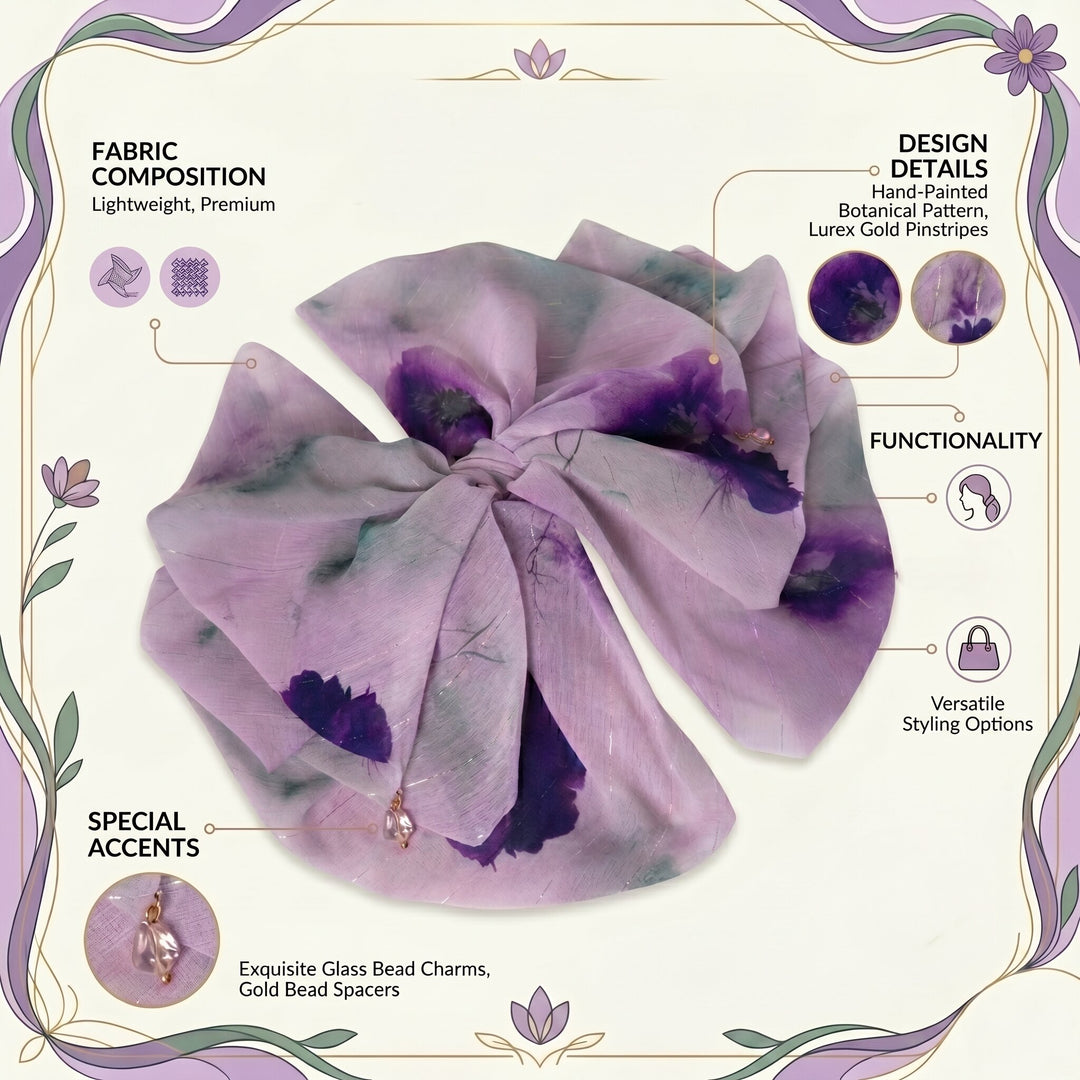 Radhu & Kabby Women’s Lavender Printed Fabric Hair Bow Claw Clip with Bead Detailing | Trendy Hair Accessory