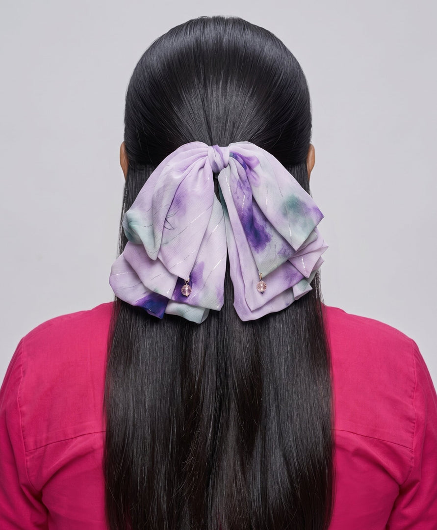 Radhu & Kabby Women’s Lavender Printed Fabric Hair Bow Claw Clip with Bead Detailing | Trendy Hair Accessory
