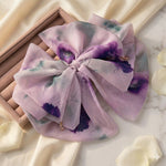 Load image into Gallery viewer, Radhu &amp; Kabby Women’s Lavender Printed Fabric Hair Bow Claw Clip with Bead Detailing | Trendy Hair Accessory
