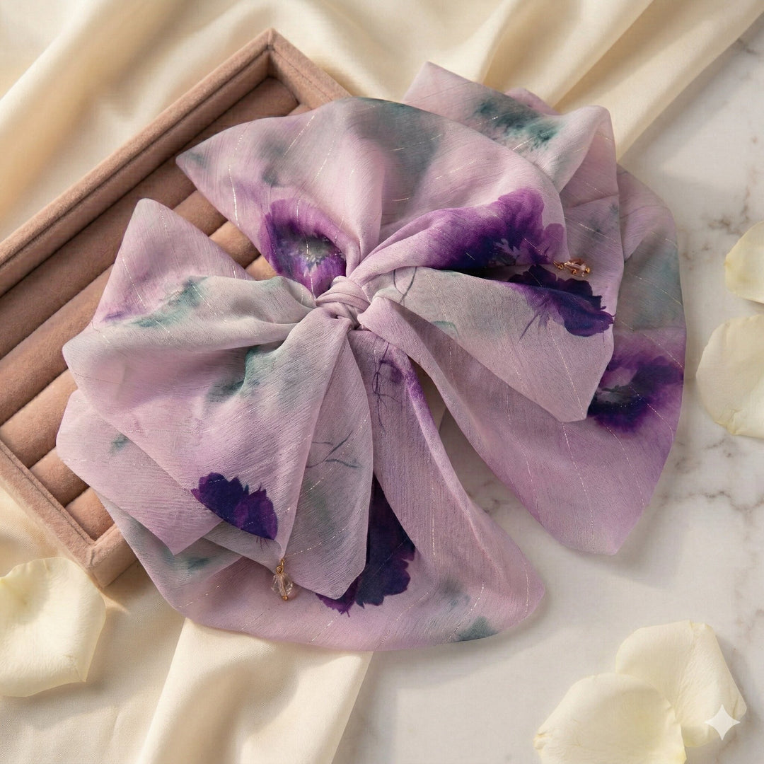Radhu & Kabby Women’s Lavender Printed Fabric Hair Bow Claw Clip with Bead Detailing | Trendy Hair Accessory