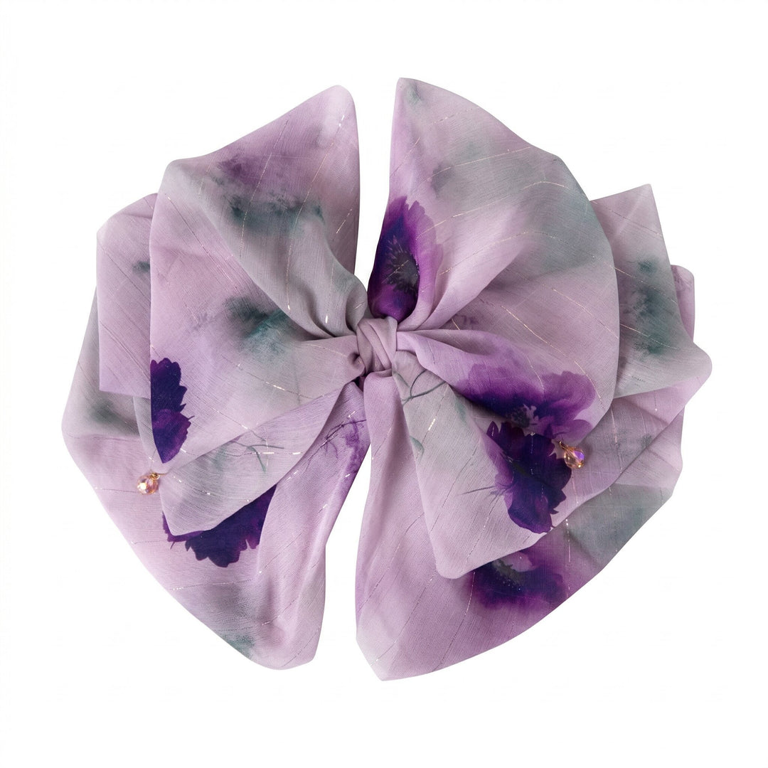 Radhu & Kabby Women’s Lavender Printed Fabric Hair Bow Claw Clip with Bead Detailing | Trendy Hair Accessory