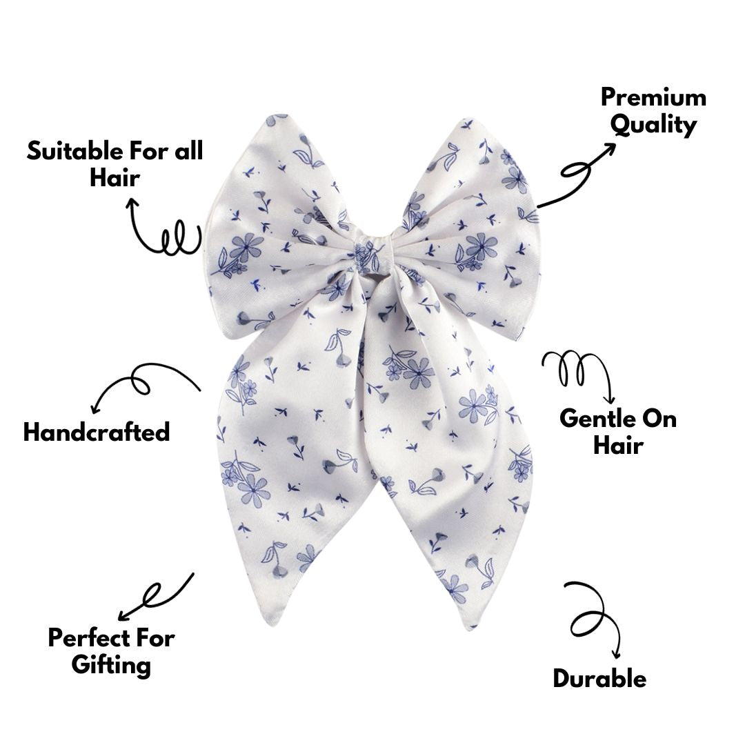 Satin Floral White Print Hair Bow Clip For Women & Girls Set of 1