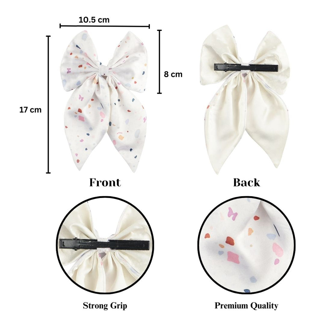 White Satin Hair Bow Clip with Confetti Print Set of 1