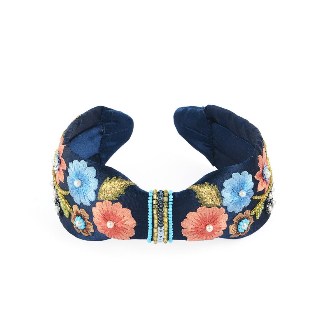 Floral Embroidered Navy Blue Headband with Beaded Pack of 1