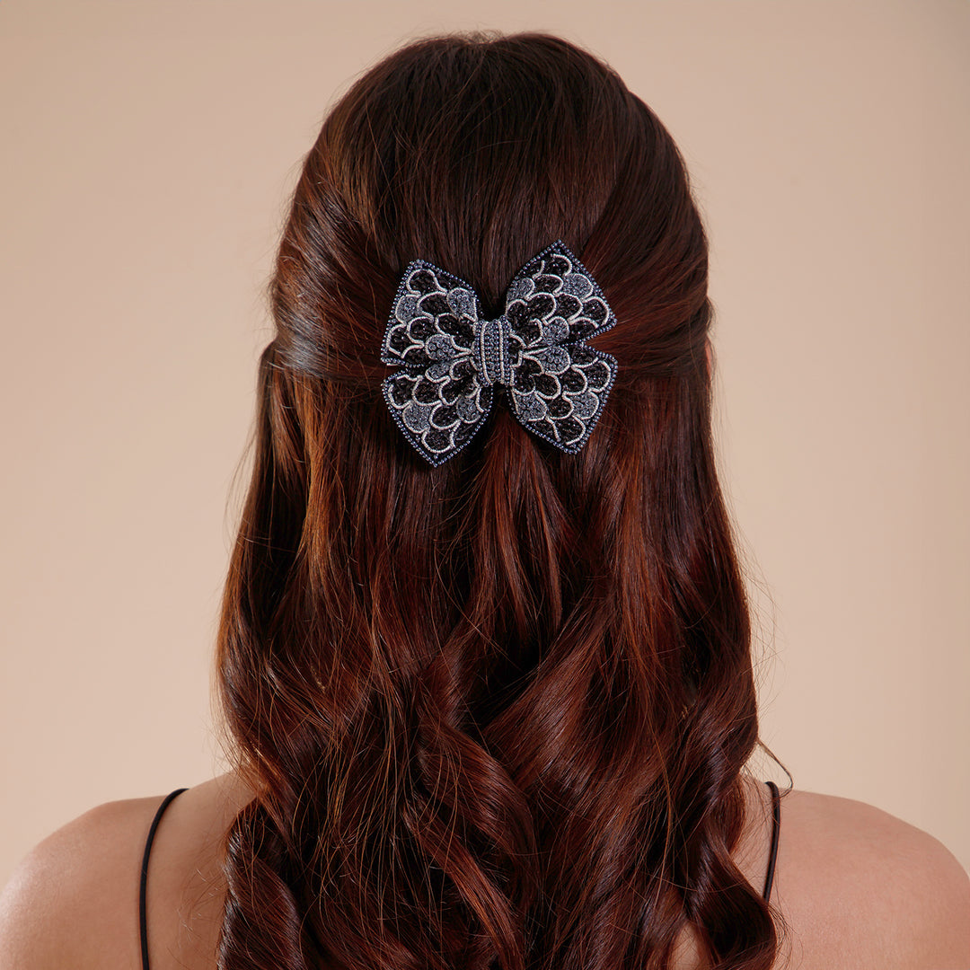 Handmade Black Embellished Hair Bow for Girls & Women