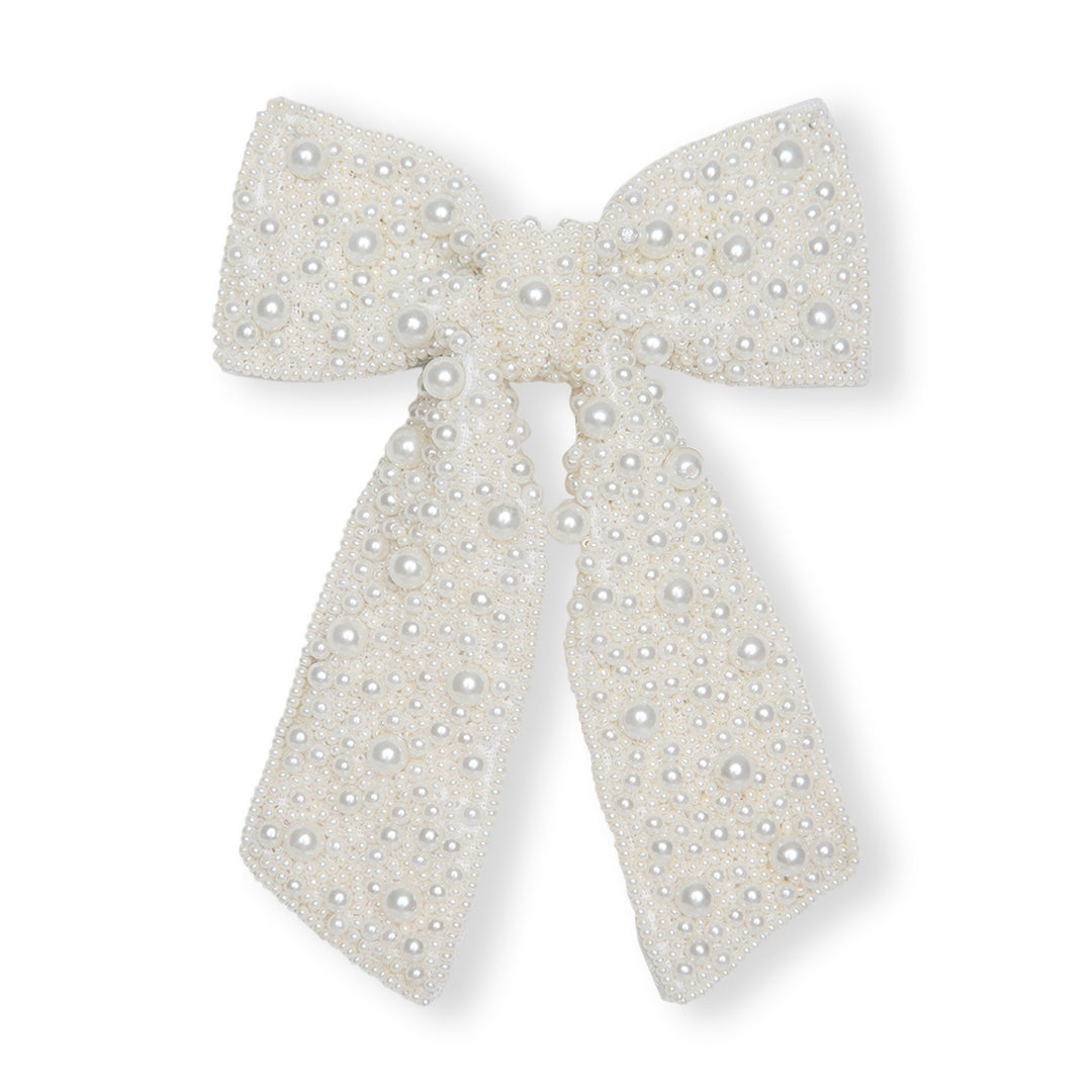 Classic White Hair Bow with Pearls – Beautiful Hair Clip for All Events