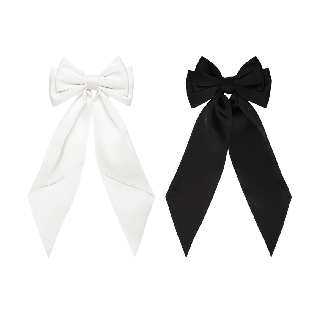 Satin Hair Bow Clips Black & White Set of 2