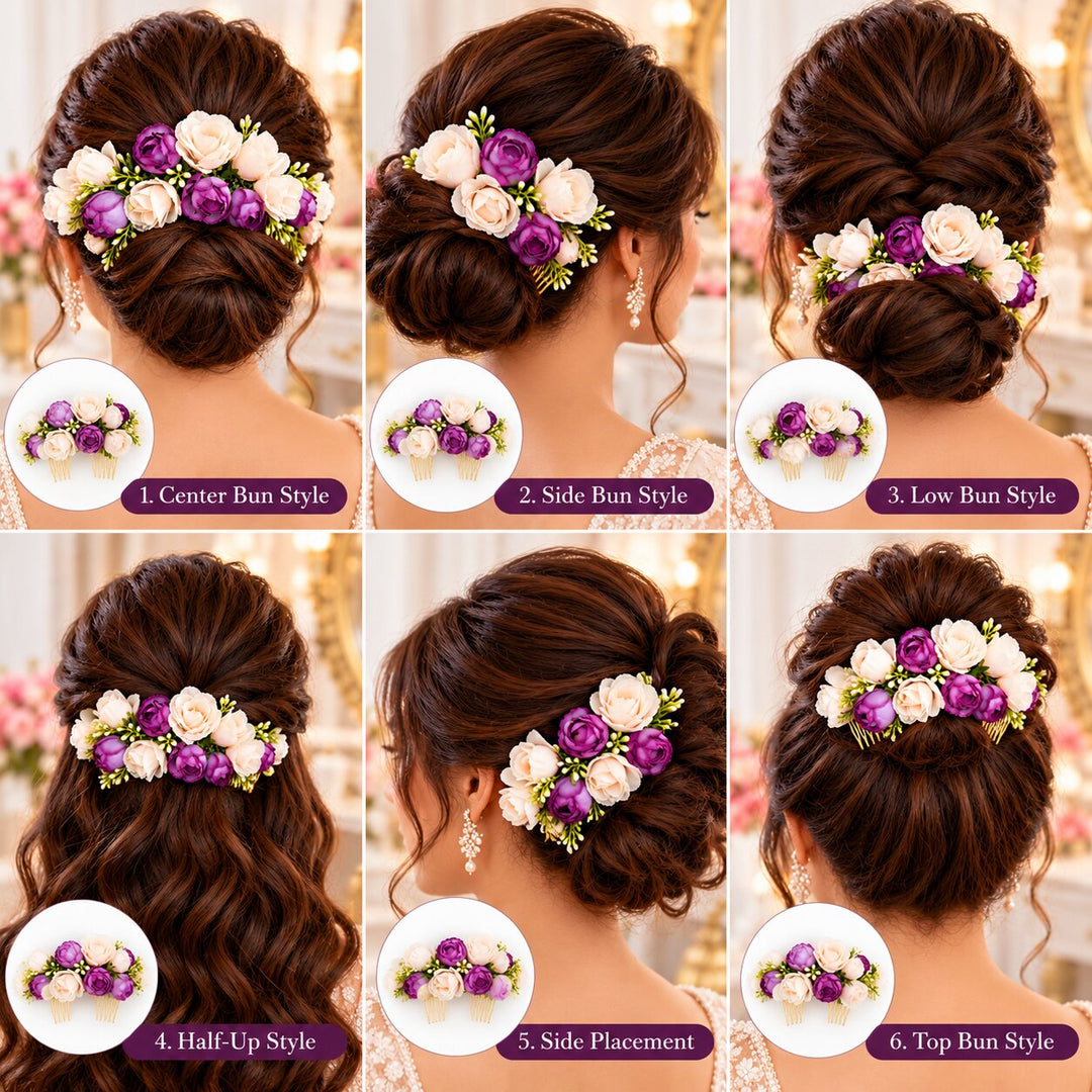 Radhu & Kabby Purple Bloom Floral Hair Combs for Women | Ivory Flower Hair Accessories for Bun Updo Party & Festive Looks  Set of 2