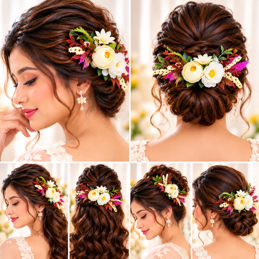 Radhu & Kabby Ivory Blossom Flower Hair Comb for Women | Elegant Floral Hair Accessory for Bun Updo Party & Festive Looks