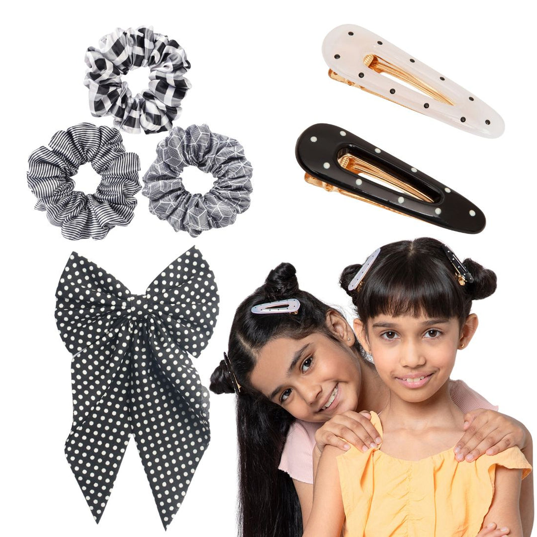 Hair Accessories Combo Pack of 3 Scrunchies, 2 Alligator clips, 1 Polka Dot Hair Bow