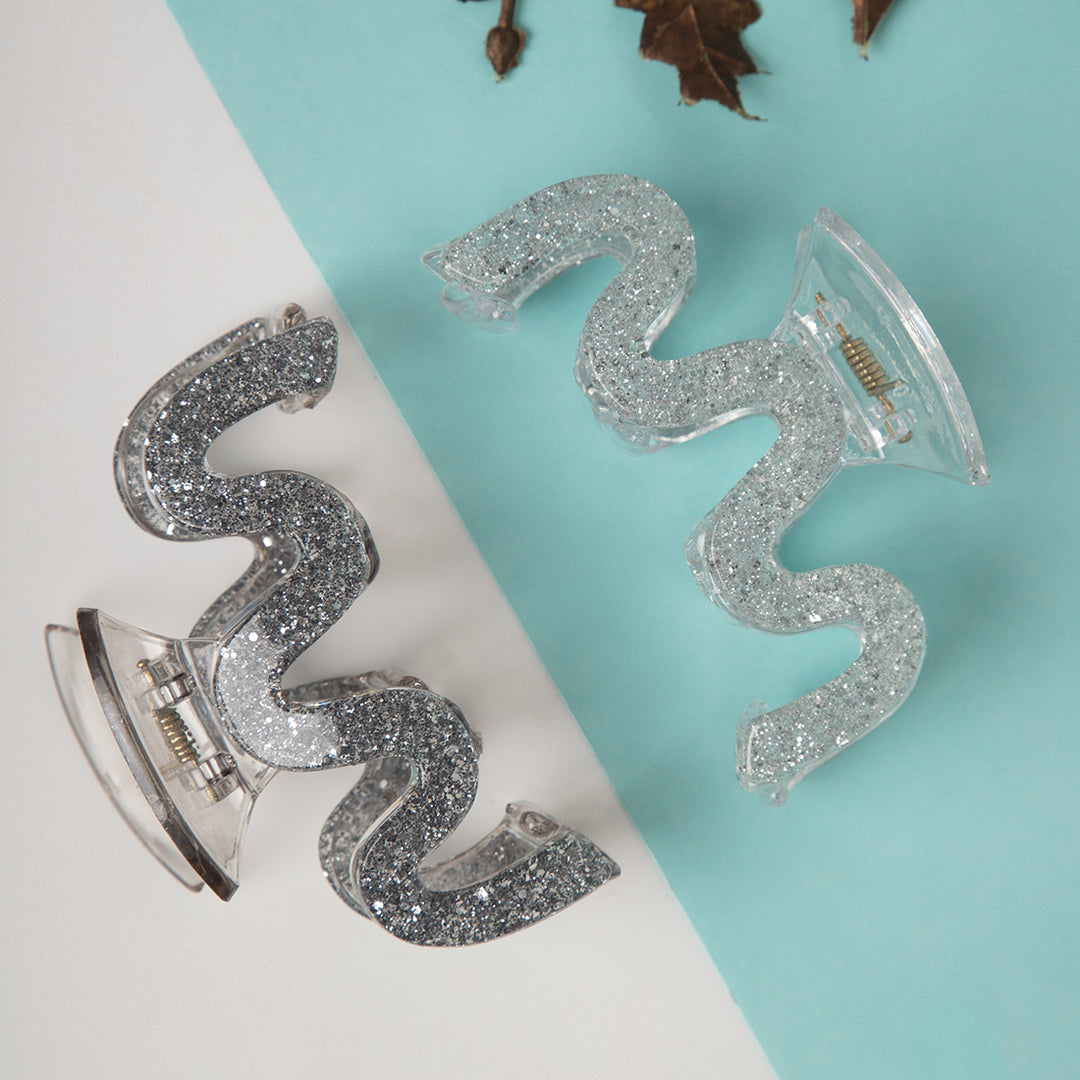 Radhu & Kabby Glitter Hair Clutchers for Girls/Women | Set of 2 Silver & Grey | Sparkling Hair Accessories
