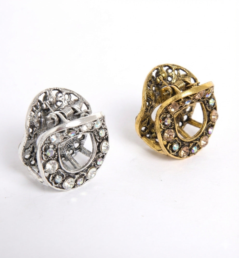 Radhu & Kabby Metal Round Stone Hair Claw Clip Set | Silver & Gold Strong Grip Vintage Rhinestone Hair Accessories