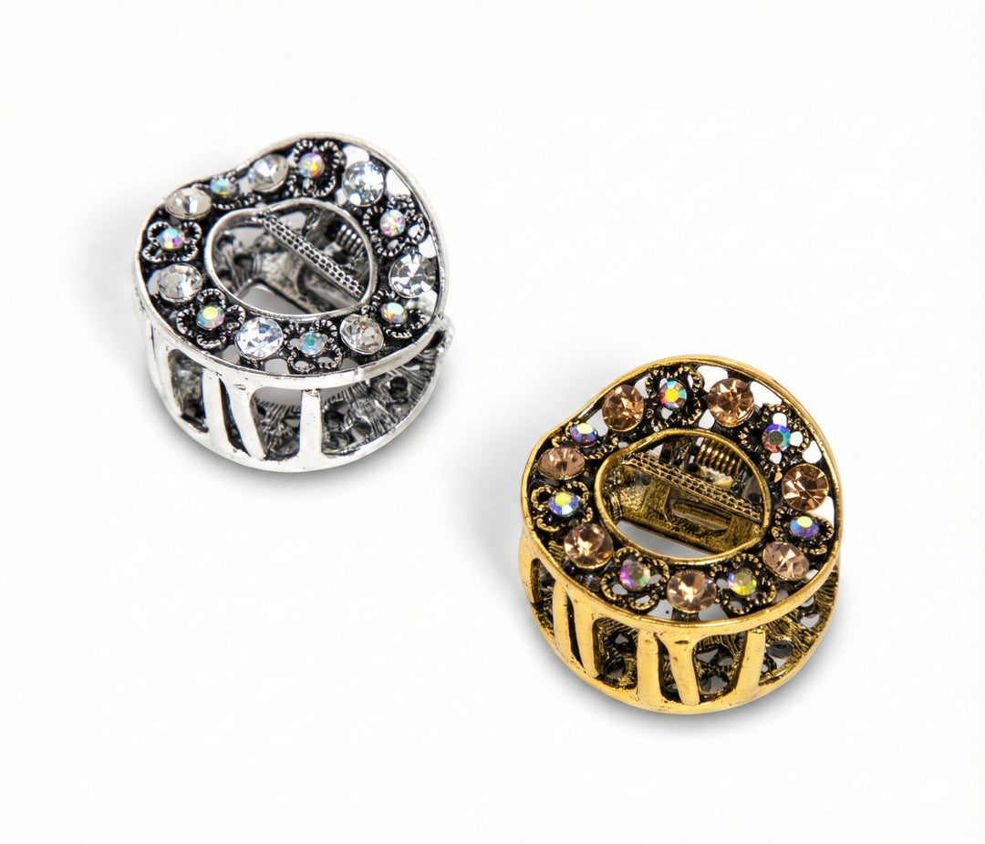 Radhu & Kabby Metal Round Stone Hair Claw Clip Set | Silver & Gold Strong Grip Vintage Rhinestone Hair Accessories