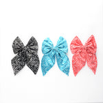 Load image into Gallery viewer, Hair Bow Clips Patterned Set of 3 in Black, Blue, and Coral
