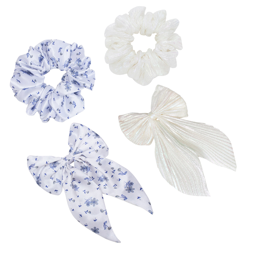 Hair Scrunchies & Hair Bow Combo Pack for Girls – Floral & White Hair Accessories