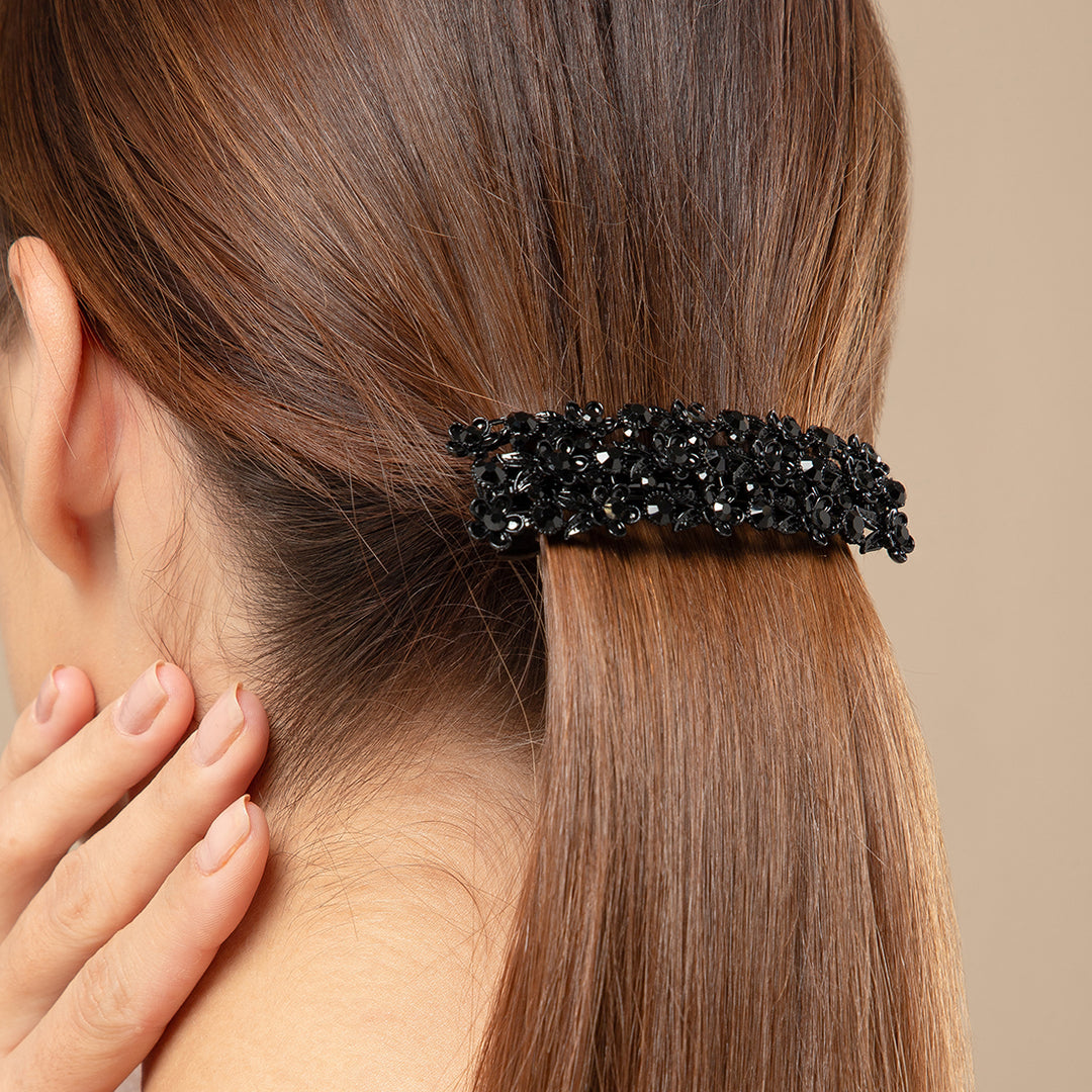 Black Floral Hair Barrette with Crystals For Girls